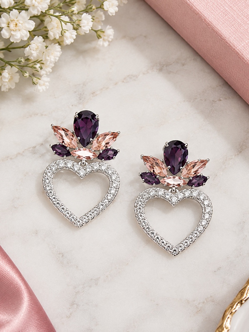 Sparkling Heart Drop Earrings with Purple and Blush Crystals